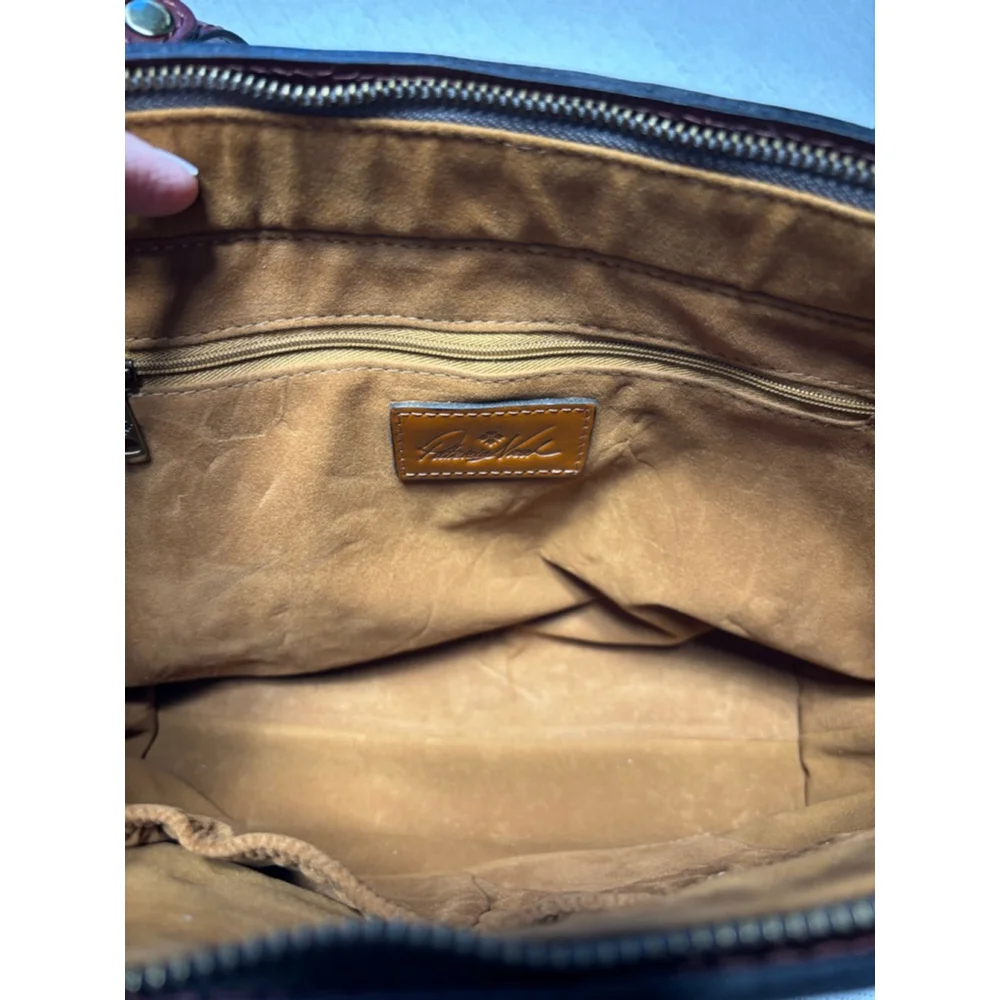 Patricia Nash Navy Tote with Brown Leather Handles and Scenic Gold & Pink Print - Picture 14 of 15
